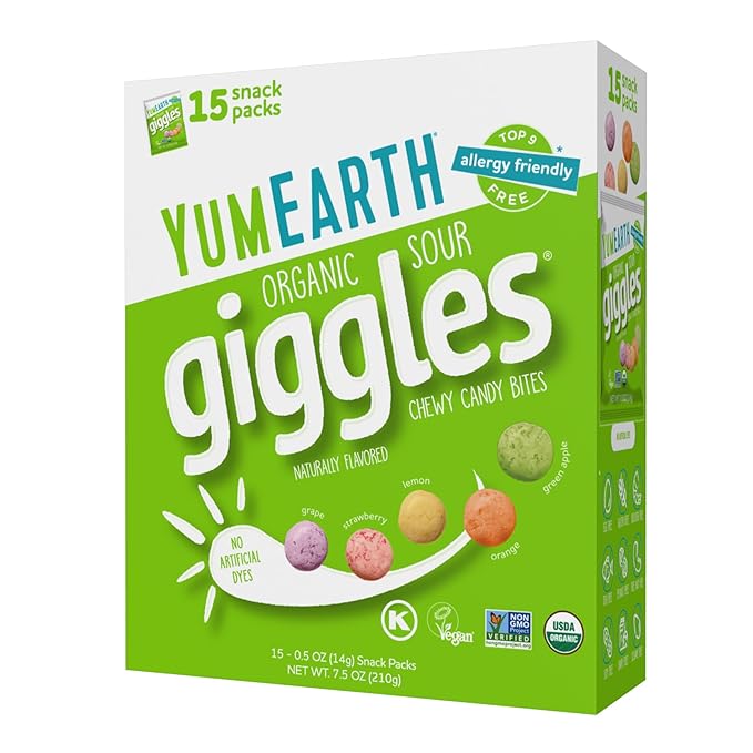 YumEarth Organic Sour Giggles Chewy Candy – Allergy Friendly, No Artificial Dyes, Non GMO, Gluten Free, Sour Fruit Flavored, Vegan Candy Snacks 0.5 ounce (Box of 15)