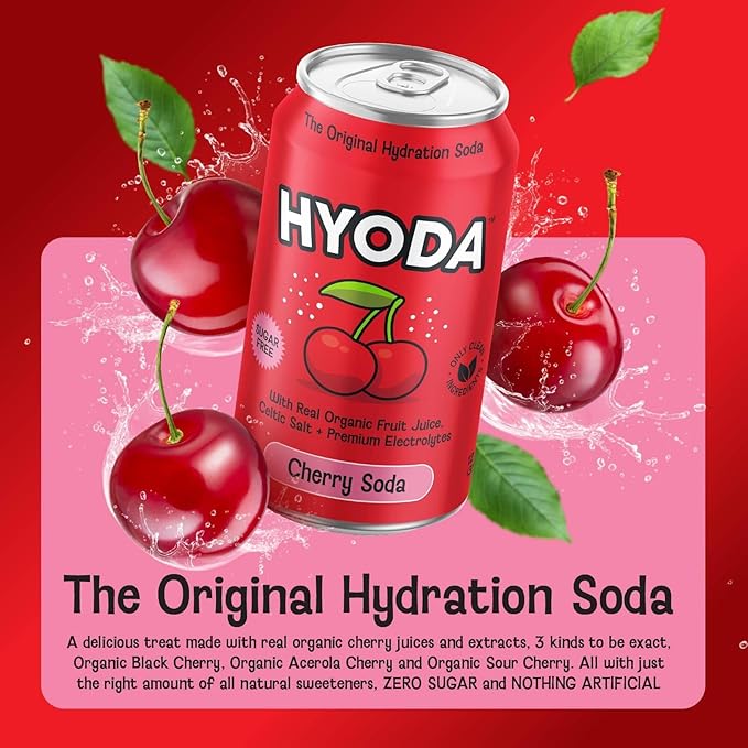 HYODA Cherry Soda, Gluten Free and Vegan Sparkling Electrolyte Drink, Made with Organic Cherry Juice, Celtic Salt, and Calcium, Keto, Zero Sugar, Plant Based, Caffeine Free, 12 FL OZ Cans, 12 Pack