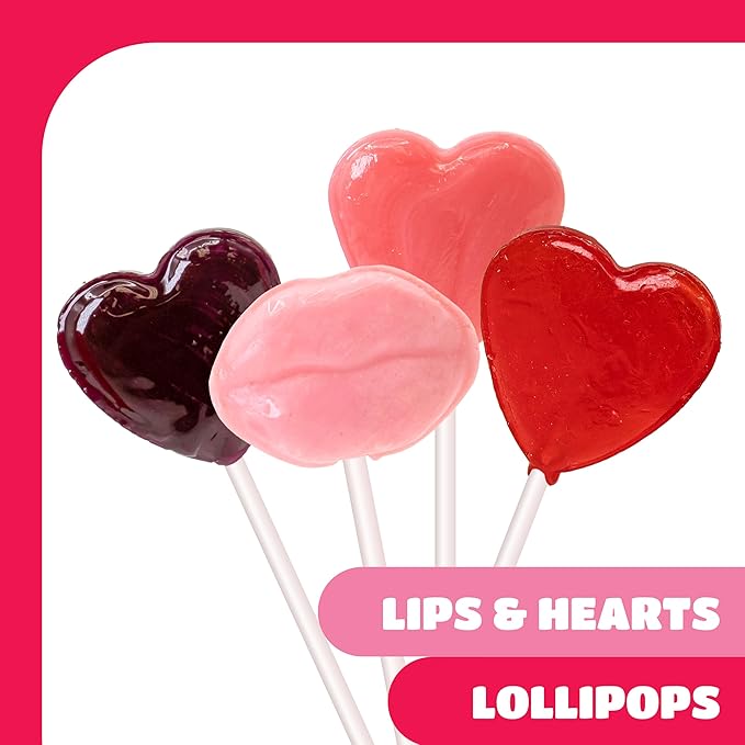 Valentine Lollipops - 90 Count - 2 Pound Box - Lips & Heart Lollipops Individually Wrapped - Classroom Candy - Assorted Berry Flavors - Valentines Candy for Party Favors
