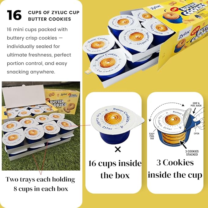 Zyluc Butter Cookies – 16 Single-Serve Snack Cups (3 Cookies Each) | Cup-Packed, Fresh & Crispy, Mess-Free Family Snack for Kids, Lunchboxes, Office, Travel & Sharing (400g)