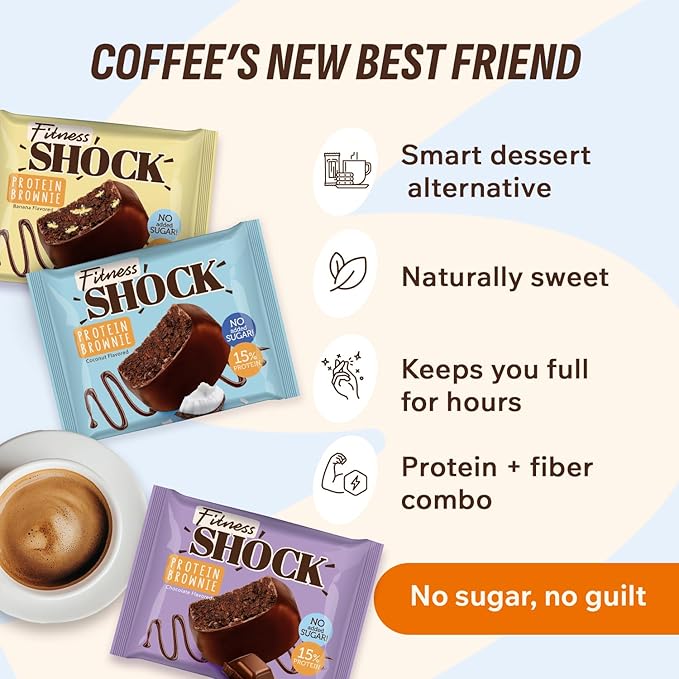 FitnesSHOCK Protein Brownie Variety Pack – 10 Count – Dark Chocolate, Banana & Coconut – No Added Sugar, Dessert Alternative, Soft Baked, 15% Protein, 10x50g – Low Sugar Snack