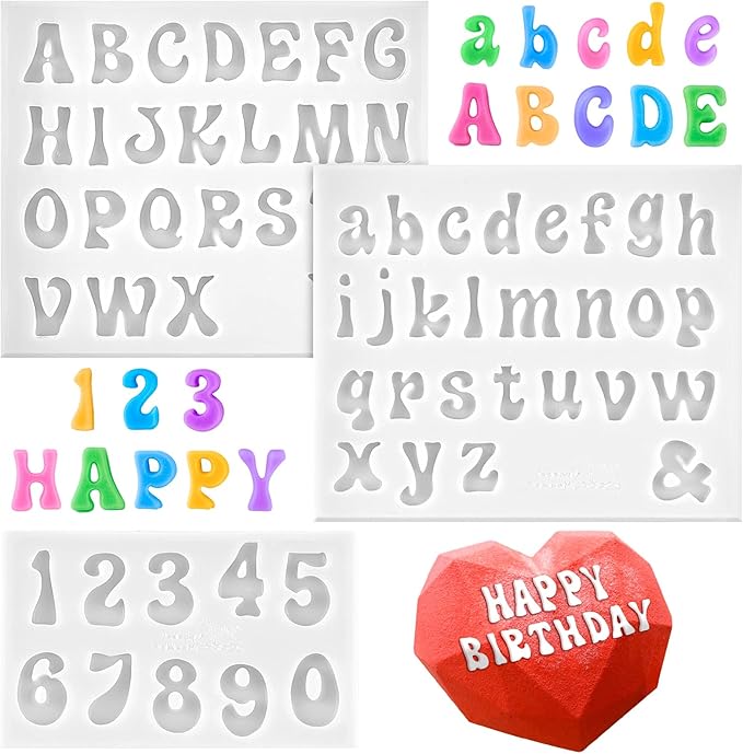 CLUEWR 3 PCS Silicone Letter Molds, Non-Stick Number and Letter Fondant Molds for Chocolate, Candy, Cake Decoration, Cupcake Topper