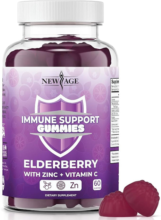 NEW AGE Immune System Support Gummies - Sambucus Black Elderberry Gummies with Vitamin C and Zinc (60 Count (Pack of 1))