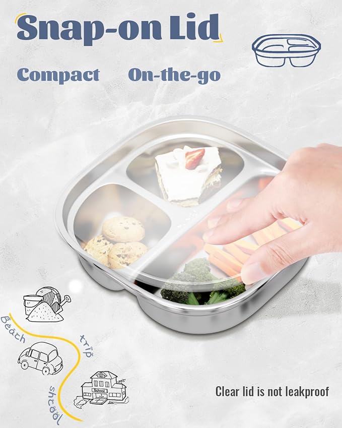 Stainless Steel Divided Plate for Kids Toddler, Non Toxic Portion Control Plate Dinner Plate with Lid for Adults Weight Loss, 2 Pack 3 Sections Square Snack Plate Tray