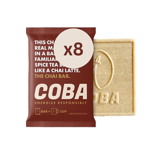 COBA Caffeinated Coffee Chocolate [1 Bar = 1 Cup of Chai] - Energy Boost, Portable, All Natural Caffeine for Gym, Travel, Daily Use - Gluten Free, Non GMO (8 Pack, Chai)