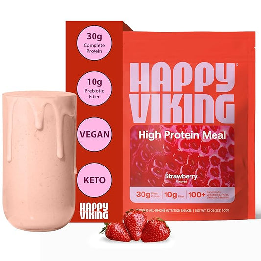 Happy Viking Strawberry Protein + Superfoods Powder, Created by Venus Williams, 30G Protein, Low Carb, Keto, Vegan, Gluten-Free, Non-GMO, Complete Meal Replacement, 1 Bag