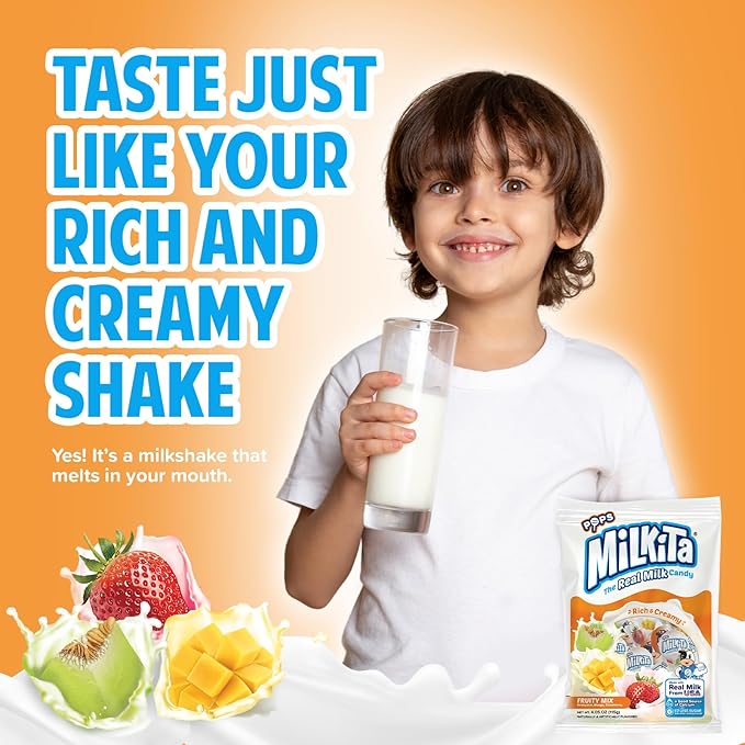 Milkita The Real Milk Candy Lollipop Bag – Low-Sugar, Healthy Sweets with Real Milk for Kids & Adults – Fat Free & Gluten Free Candy with Calcium (Strawberry, Honeydew, Mango - 10 Pcs)