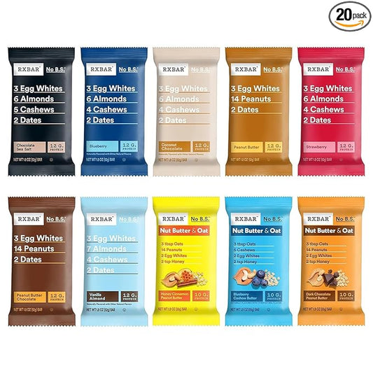Rx Protein Bar Assorted Variety Pack, 20 Count – Chocolate Sea Salt, Blueberry, Coconut Chocolate, Peanut Butter, Strawberry, Peanut Butter Chocolate, Vanilla Almond, Honey Cinnamon Peanut Butter, Blueberry Cashew Butter & Dark Chocolate Peanut Butter