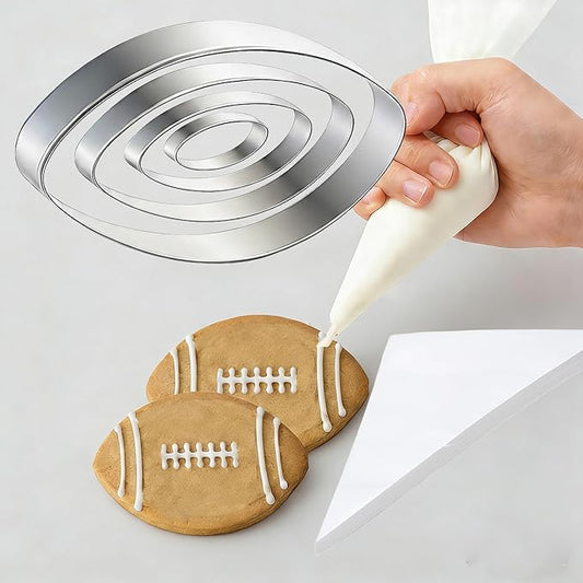 6pcs Football Cookie Cutter Set with 50pcs Tipless Piping Bags, Stainless Steel Football Biscuit Molds for Parents-Kids Baking, DIY Sport Theme Party Cookies, Family/Workshop Baking & Decoration Kit