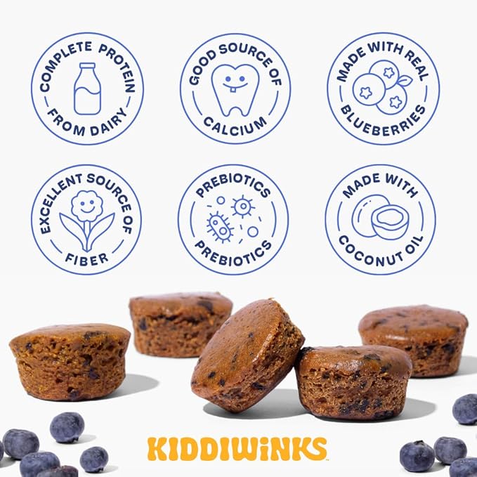 Kiddiwinks High Protein and Fiber Mini Muffins for Kids - Blueberry, 8g Protein, 6g Prebiotic Fiber for Gut Health, No Added Sugar, No Nuts, No Seed Oil, Healthy Snacks and Breakfast To Go (8 pack)