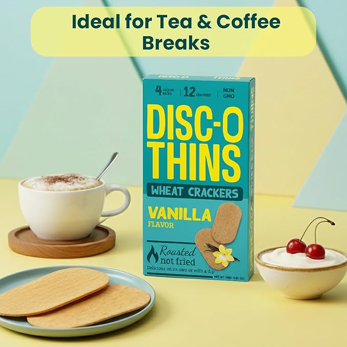 Disc-O Thins Roasted Wheat Crackers 72pcs (Vanilla)- Tea-Coffee On-the-go Snacks/ Healthy Breakfast Crackers- Ideal With Herbal & Black Tea or Coffee- Non GMO & Guilt Free Healthy Travel Snacks For Adults & Kids