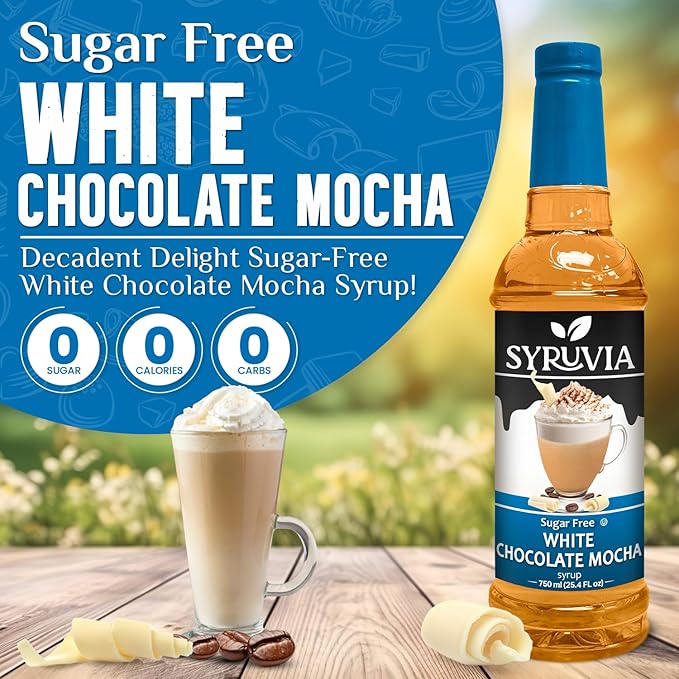 Syruvia Sugar Free Coffee Syrup, White Chocolate Mocha Flavored Syrup for Drinks, Lattes, and Desserts – 25.4 fl oz