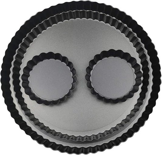 Yamteck 11 & 9 Inch Round Tart Pans with 2Pcs 4'' Mini Pans. Removable Bottom, Non-Stick Coating, Rugged Carbon Steel for Tart Quiche Pie Making. Gift for Christmas Thanksgiving Party Festival Family