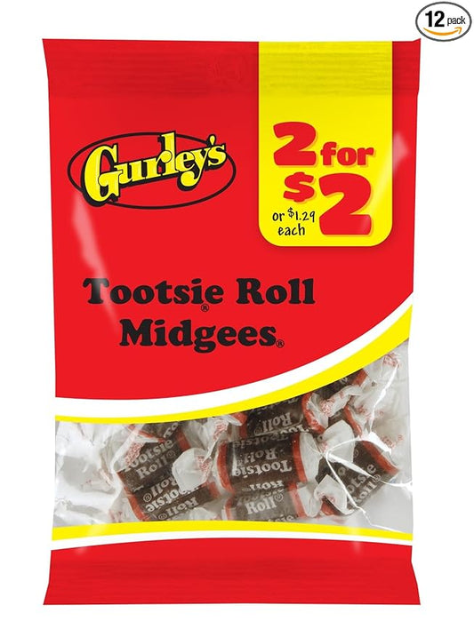 Gurley's Tootsie Midgees, Mini Chocolate Tootsie Rolls, Classic Chew (Pack of 12)