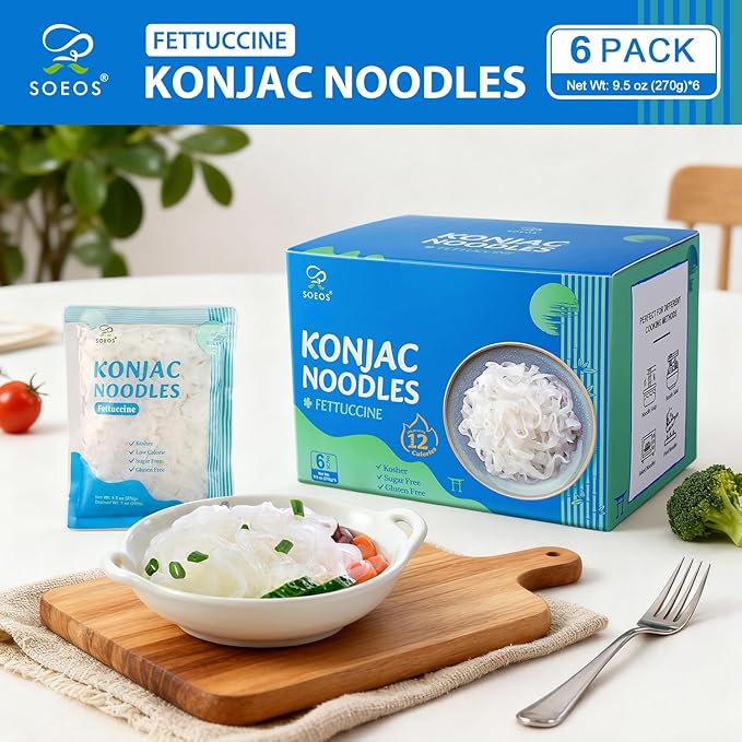 Soeos Konjac Noodles, Fettuccine, 9.5oz (270g) 6 Packs, Kosher, Sugar Free, Gluten Free, Low Calorie, Low Carb Pasta, Shirataki Noodle