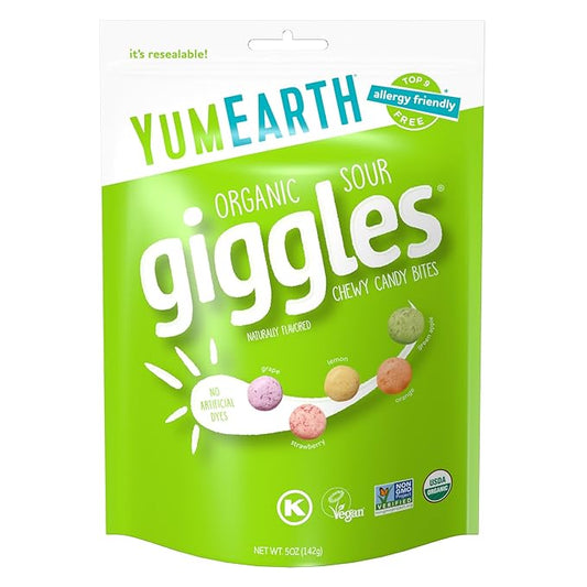YumEarth Organic Sour Giggles Chewy Candy - Allergy Friendly (Top 9 Free), No Artificial Dyes, Non GMO, Gluten Free, Vegan Candy Snacks - 5 Ounce Bag (Pack of 1)