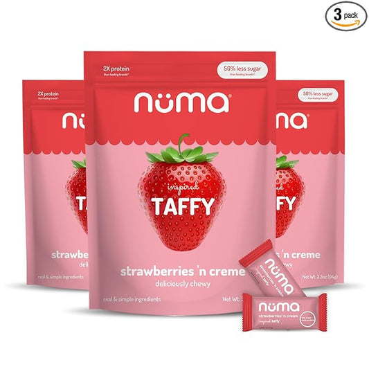 Numa Taffy Candy - Strawberries and Creme Made w Real & Simple Ingredients - Low Sugar, High Protein, Low Calorie, All Natural, Gluten Free - 3 Bags with 10 Individually Wrapped Chews Each