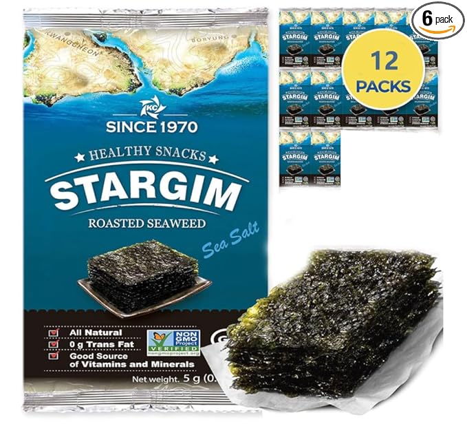 STARGIM Seasoned Seaweed Snacks Sheets – 12 Individual Packs Roasted Gim, Fat Gluten Free Sea Salt 100% Natural Laver 5g 0.17 Ounce(12packs)