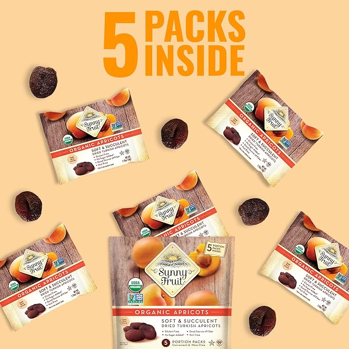 Sunny Fruit Soft Organic Turkish Dried Apricots - 6 Bags (30 Individual Portion Packs) | No Preservatives, No Sugar Added | Healthy, Convenient Snack Packs | ORGANIC, NON-GMO, VEGAN, HALAL, KOSHER