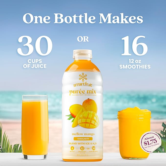 Smartfruit Mellow Mango + Immunity – 100% Real Fruit Purée w/Mango, Banana, Apple, Pineapple – Great for Smoothies, Juice, Yogurt, Cocktails, Tea – High in Vitamin C, Selenium, Zinc – 2-Pk, 48oz Each