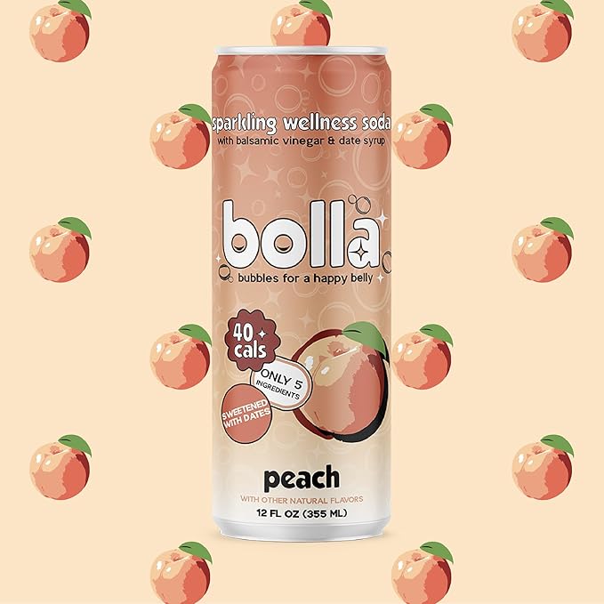 Peach Sparkling Wellness Soda - Naturally sweetened with dates - Crafted with balsamic vinegar - 5 simple ingredients - Low calorie - Antioxidant-rich - No added sugar 12 pack