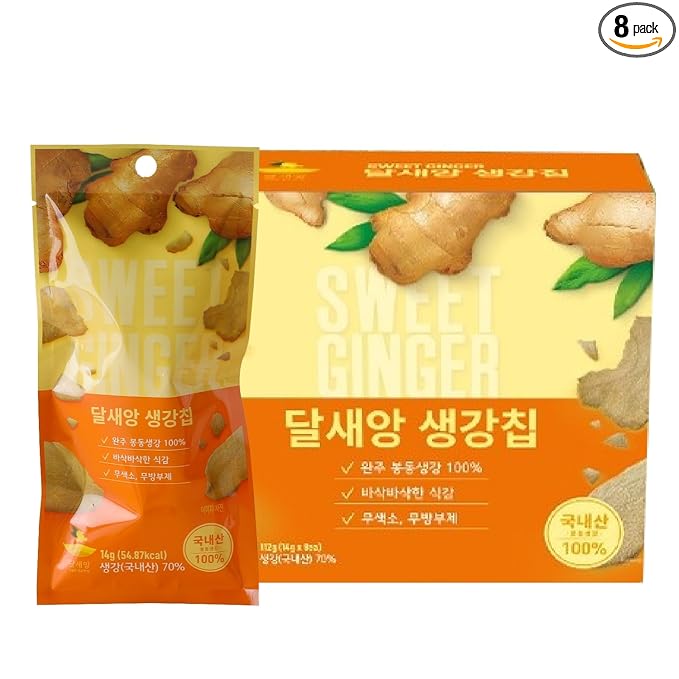 Korean Food Dalsaeang Premium Crispy Ginger Chips – 8 x 0.5 oz Thin-Round Korean Ginger Snack, Lightly Sweetened, All-Natural, No Sticky Residue