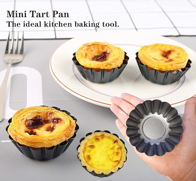 Xstronq Egg Tart Molds 12PCS Tart Pan 3inch, Mini Carbon Steel Non Stick Tart Pans, Tart Molds For Baking (3 inch)