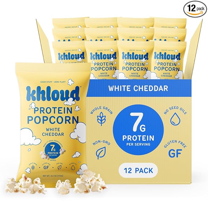 Khloud Protein Popcorn - White Cheddar - 7g Protein Snacks for Adults & Kids - Flavored Popcorn Made with Real Ingredients & Milk Protein Isolate - Non-GMO, Gluten-Free, Kosher - 4oz, 12pk