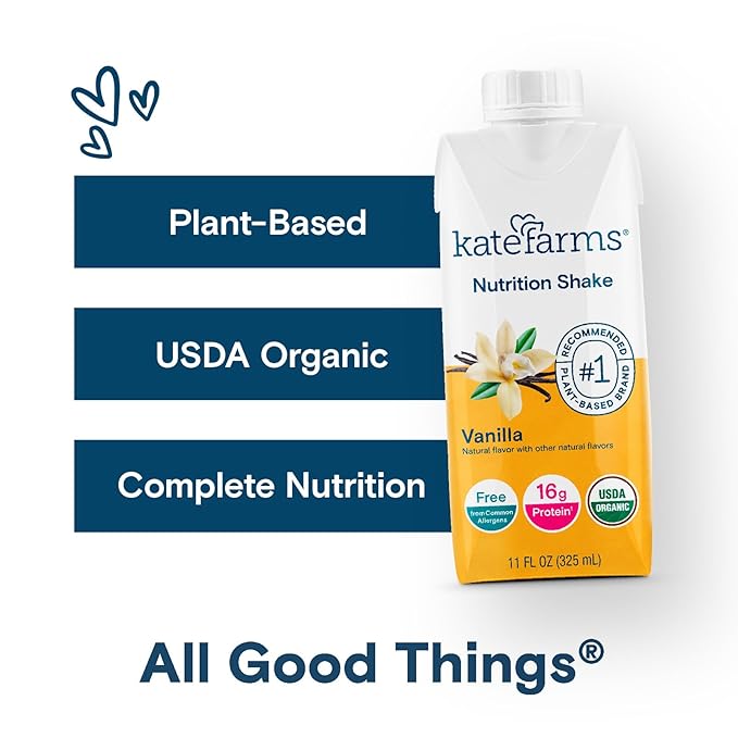 KATE FARMS Organic Nutrition Shake, Vanilla, 16g Protein, 27 Vitamins and Minerals, Protein Meal Replacement Drink & Shake, 11 oz (12 Pack)