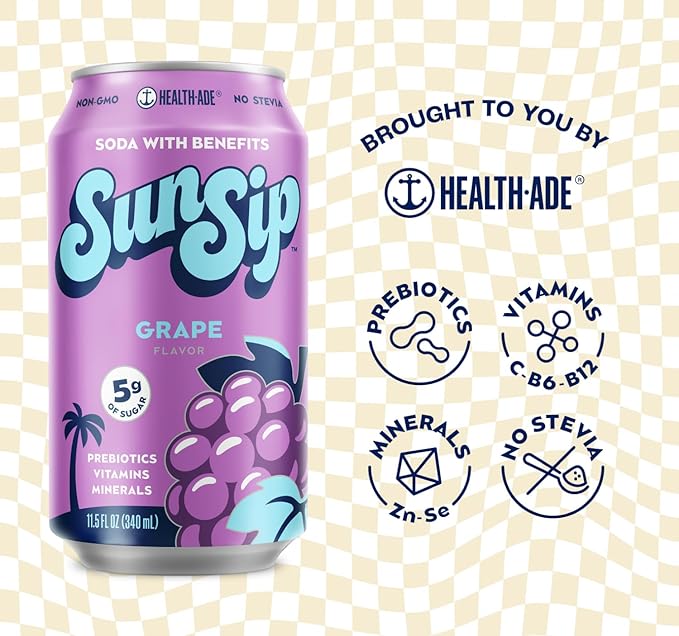 SunSip Prebiotic Soda by Health-Ade, Gut-Healthy Beverage, Soda Swap, Vitamins & Minerals, Naturally Sweetened with 6g of Sugar, Grape, 11.5 oz (12 Pack)
