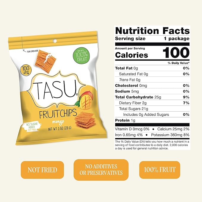 TASU Mango Dried Fruit Chips - 100% Natural, Crispy, Crunchy, and Allergen-Free Healthy Snacks for Kids & Adults, Vegan, Gluten-Free, No Added Sugar, No Oils Added, Perfect for Lunch Bags and On-the-Go Snacks | 12 Pack (1 Oz Each)