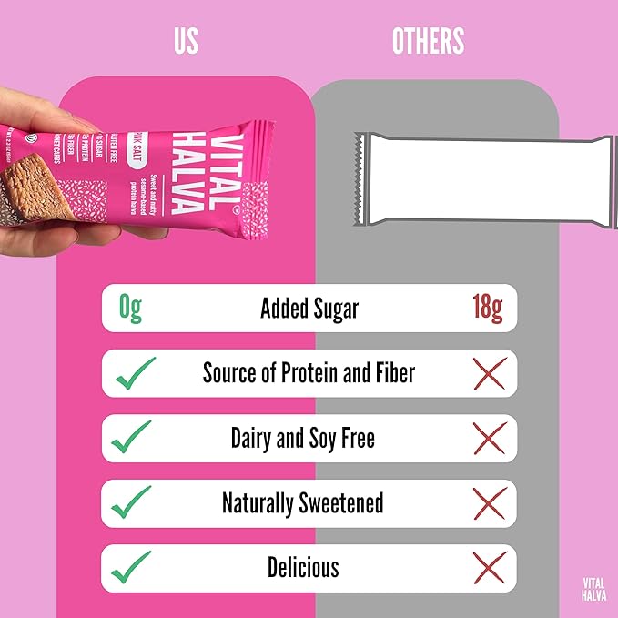 Vital Halva Vegan Protein Fiber Bar, Pink Salt, Gluten Free, Dairy Free, Soy Free, Low Sugar, No Added Sugar, 12G Protein, 19G Fiber, 6G Carb, Snack Bar, 10ct