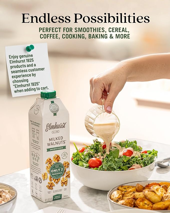 Elmhurst 1925 Unsweetened Walnut Milk - 32 Ounce (Pack of 6) Dairy-Free, Gluten-Free, Vegan, Kosher, Shelf Stable Milk Made with Water & Walnuts for Healthier, Simpler Plant-Based Alternatives