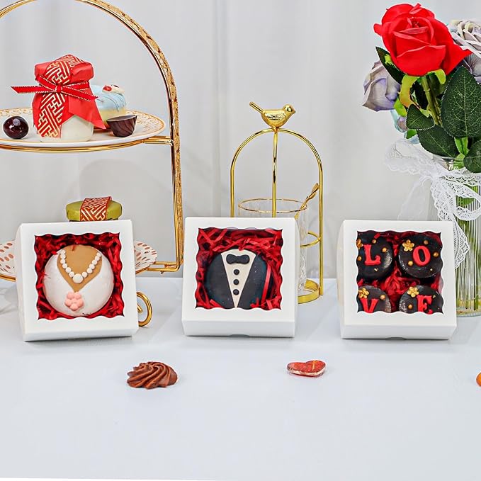 JCXGRVC 50Pack 4x4x2 Inch Cookie Boxes with Window Bakery Boxes Treat Boxes Truffle Boxes Party Wedding Favor