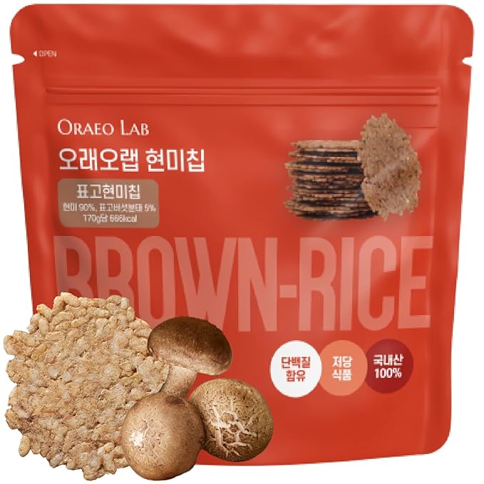 Korean Food Oraeo-Lab Korean Brown Rice Chips with Shiitake Mushroom – Vegan Pressed Snack, Not Fried | Healthy Plant-Based Crisps, 170g (6 oz) Bag