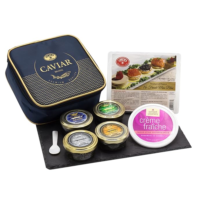 OLMA Majestic Caviar Gift Set - 8 oz (224g) of Caviar, Includes Kaluga Royal, Siberian Osetra Aurora, White Sturgeon, Paddlefish, Serving Spoon & Blinis - Superior Grade Fresh Roe Fish Eggs
