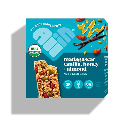 All In Snack Bars Madagascar Vanilla, Honey & Almonds - Healthy Snack for Adults and Kids - Gluten Free - Organic - Non-GMO (6 Pack)