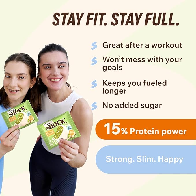 FitnesSHOCK Protein Brownie White Chocolate, No Added Sugar, 15%/7,5g Protein, 233kcal, Pre/Post Workout Snack - No Palm Oil, Filling dietary fibre, Soft Texture, 10x50g - Pistashio flavour