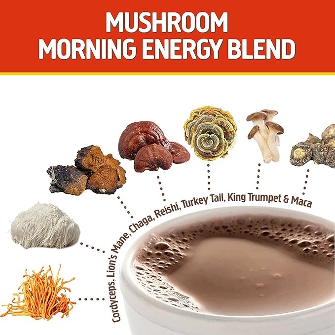 OM MUSHROOM SUPERFOOD Morning Energy Blend – Caffeine-Free Powder with Cordyceps, Lion’s Mane, Rhodiola & Vitamin D2 – Supports Energy, Focus & Endurance – 8.47 oz Canister (30 Servings)