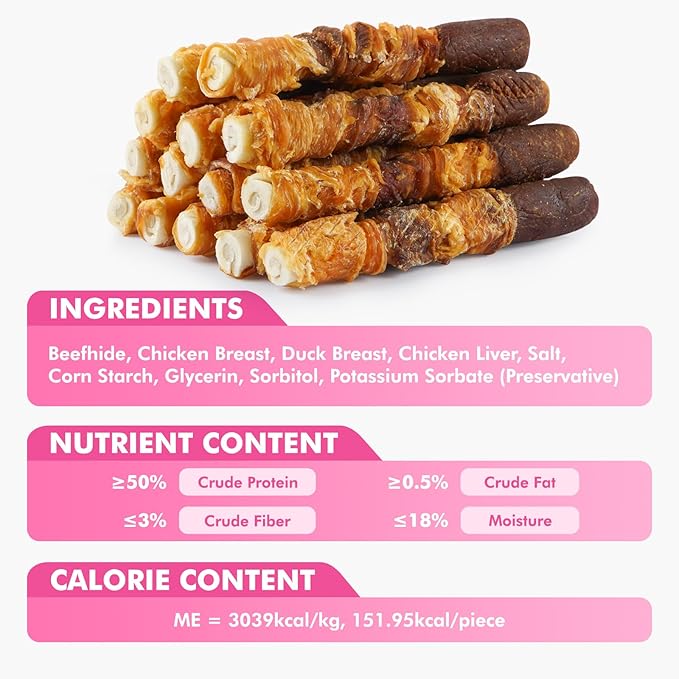 Puddonio Dog Treats, Triple Flavor 6 Inch Rawhide Rolls, Chicken Duck and Chicken Liver Wrapped Rawhide Dog Chews, Suitable for Medium Dogs, 17.6 oz