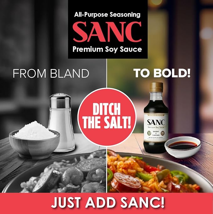 SANC All Purpose Korean Soy Sauce, 12.2 Fl Oz (Pack of 3) – Less-Sodium Salt Substitute, NON-GMO Bean, No Artificial Additives, Naturally Brewed Soy Sauce with Music Fermentation