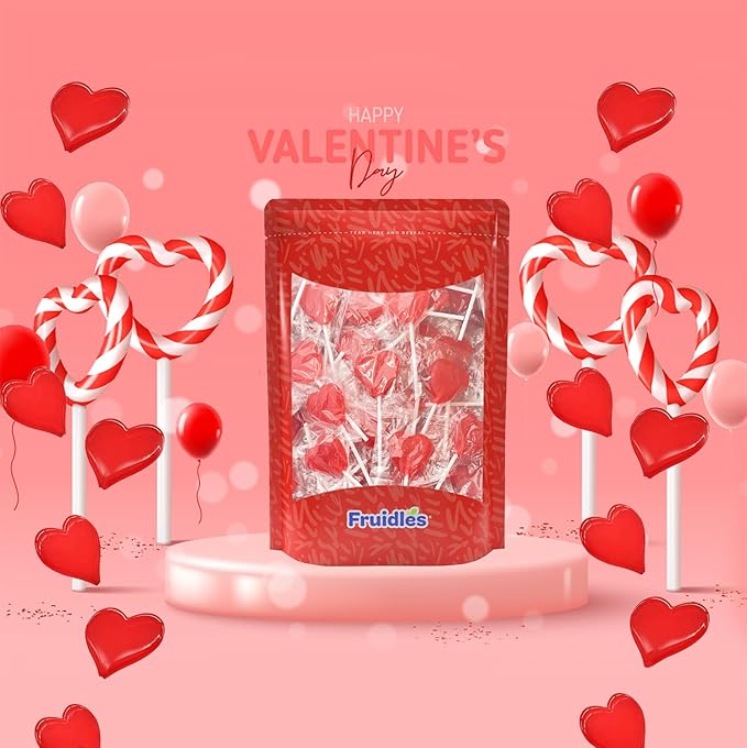 Fruidles Valentine's Red Heart Shaped Hard Candy Lollipop Suckers, Individually Wrapped, 12g Lollipop (10 Pounds (Bulk))