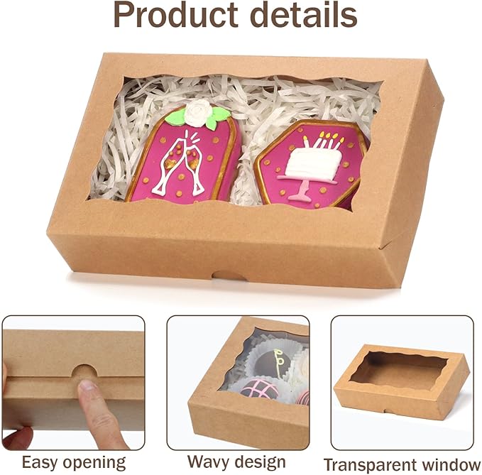 RomanticBaking 30 Pack DIY Assembly Brown 7 x 4 3/8 x 1½inches Cookies Boxes with Window Bakery Treat Boxes for Macaron Chocolate Truffle Cakesicle