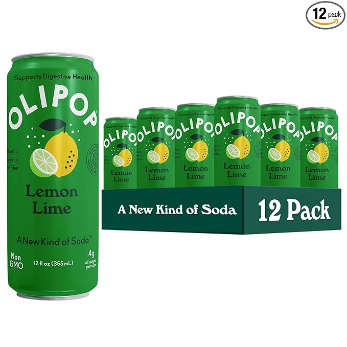 OLIPOP Prebiotic Soda Pop, Lemon Lime, Pantry Pack Packed with Prebiotics, Fiber, and Botanicals, Gluten Free, Vegan, GMO Free, 12oz Skinny (12-Cans)