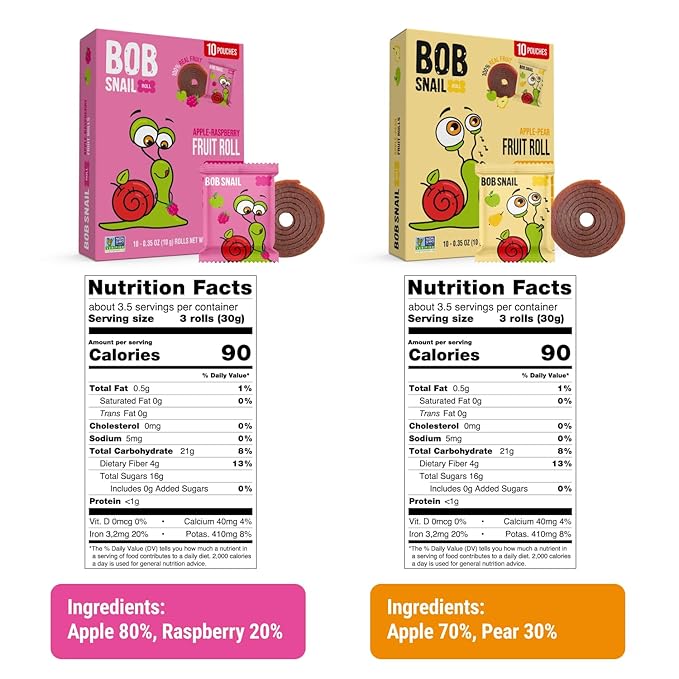 Bob Snail Fruit Roll Ups – 50 Natural Fruit Snacks (Pear & Raspberry), Vegan, No Added Sugar, Healthy On-the-Go Pack, 500g