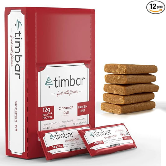timbar Plant Based Protein Bars 12 Pack | Natural Energy & Nut Bars with 13g Protein | Gluten Free, Non-GMO, Dairy Free, Healthy On-the-Go Snack & Meal Replacement (12 Packs, Cinnamon Roll)