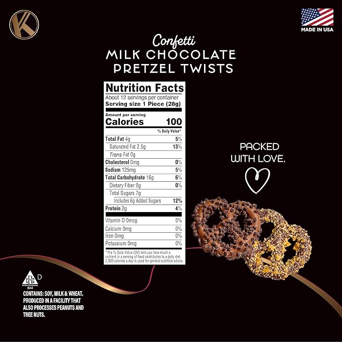 KREMERY Creamy Chocolate Cravings - Valentines Day Chocolate Covered Pretzel Twists Gift Basket, in Confetti Tower (12 Pretzels, Assorted Sweet Toppings) Sweet Treats Food Arrangement, Kosher