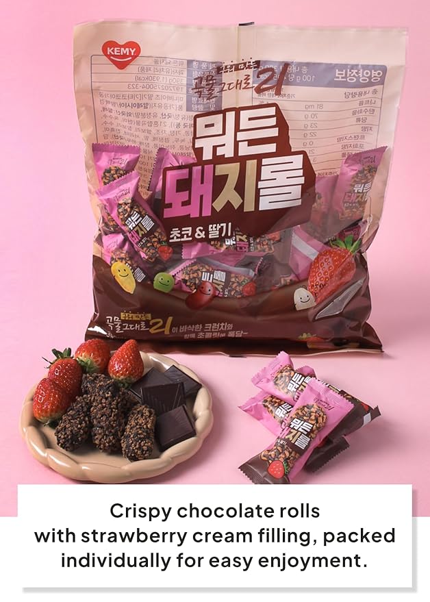 Korean Food CJ Freshway Chocolate Strawberry Crunch Roll Snack 13.8 oz (30 Individually Wrapped Pieces) – Crispy Korean Grain Roll with Strawberry Cream Filling