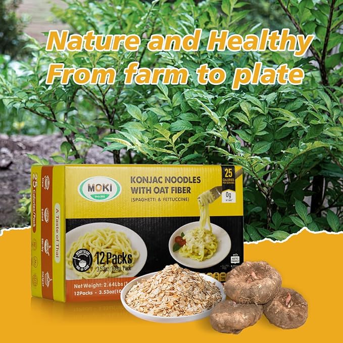 MOKI Since 2005 Konjac Shirataki Noodles with Oat Fiber, Gluten-Free, Keto&Paleo-Friendly, Vegan, Low Carb,Low Calorie Shirataki Pasta, Oat Flavor Spaghetti from Thailand (12 Packs, DWT. 3.53 oz Each)