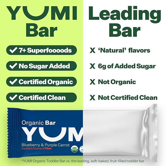 Yumi Organic Toddler Snacks Bars - Gluten-Free, No Added Sugar, 7+ Vegetables, Soft-Baked Crust Yumi Bars, Healthy Toddler Organic Snacks - School Safe and for Lunch Boxes, Blueberry & Purple Carrot (30ct.)